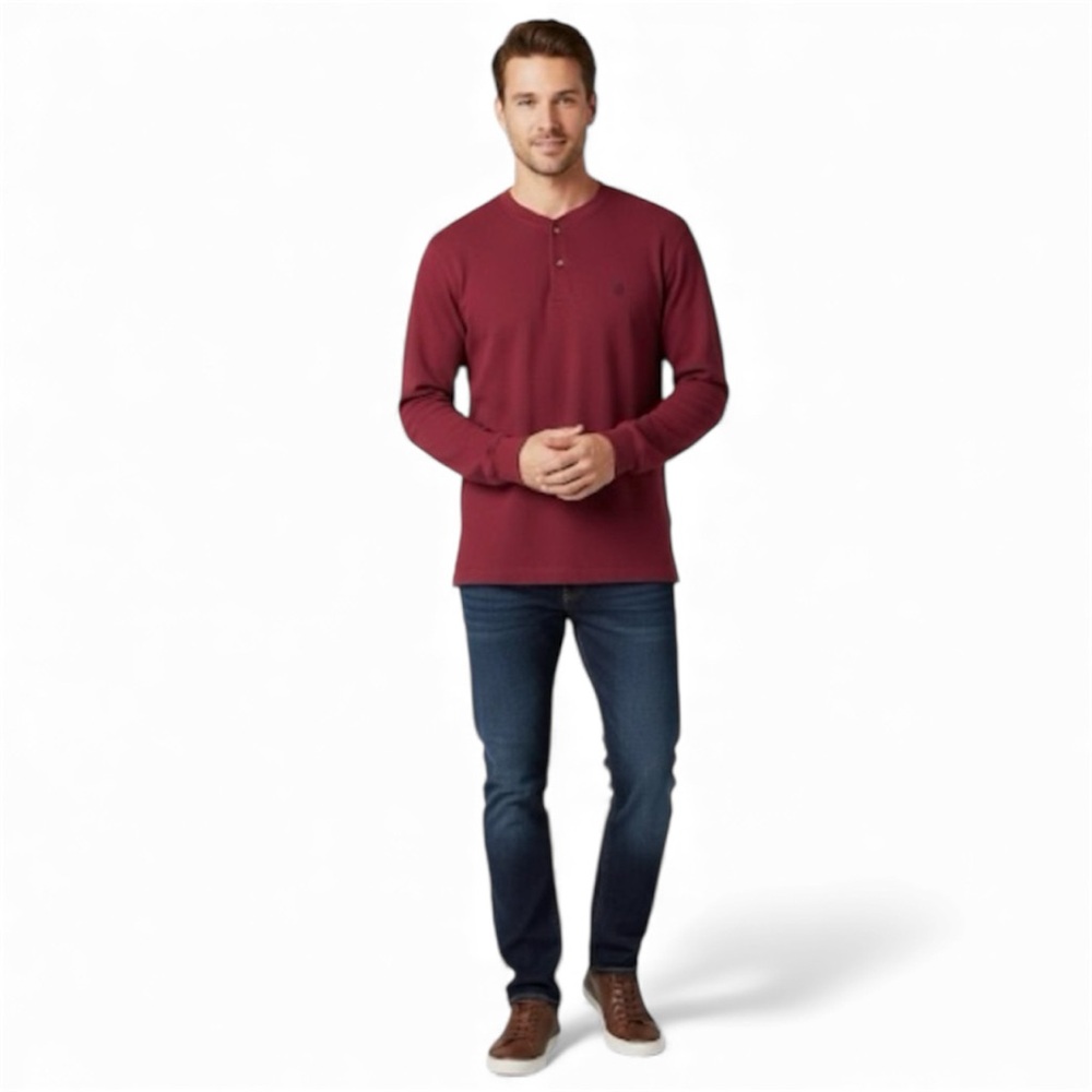 Nautica Men's Burgundy Long Sleeve Waffle Knit Henley Shirt Size Xlarge - Picture 2 of 11